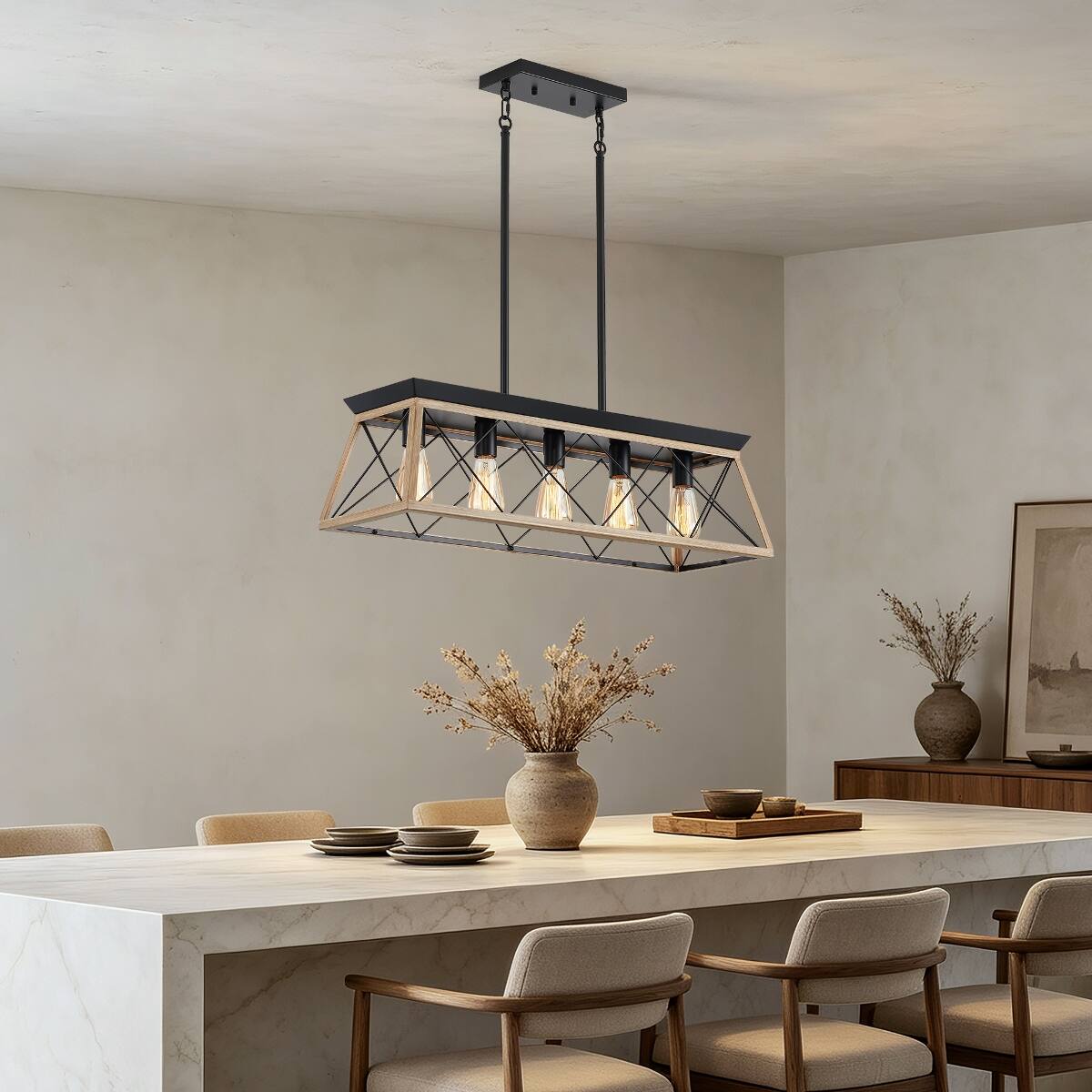 Alt View 1. Loheer - Loheer 5 Light Farmhouse Chandelier Rustic Wood and Metal Rectangular Dining Room Pendant.