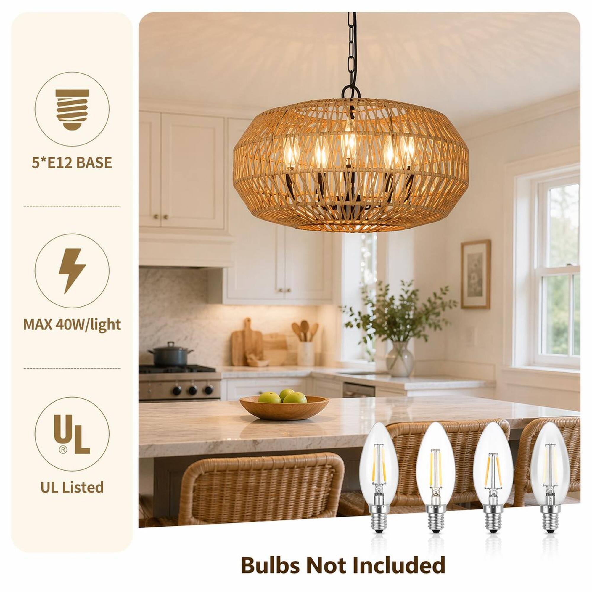 5*E12 BASE  
MAX 40W/light  
UL Listed  
Bulbs Not Included
