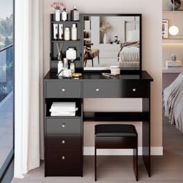 LUCKY ONE - 37in Vanity Set with Large Sliding Mirror, Multi-Layer Storage and Stool for Bedroom - Black