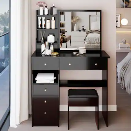 Front. LUCKY ONE - 37in Vanity Set with Large Sliding Mirror, Multi-Layer Storage and Stool for Bedroom - Black.