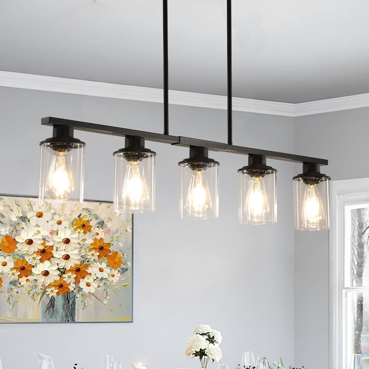 Left. Loheer - Loheer 37 inch 5 Light Chandelier Matte Black Iron Frame with Clear Glass Shades for Dining Room or Kitchen Island.