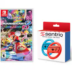 NINTENDO SWITCH
MARIOKART DELUXE 8
sentrio RACING WHEEL TWO PACK
EVERYONE MANTS-erADITES E ESRED CH oe d bederde
SN tardab M