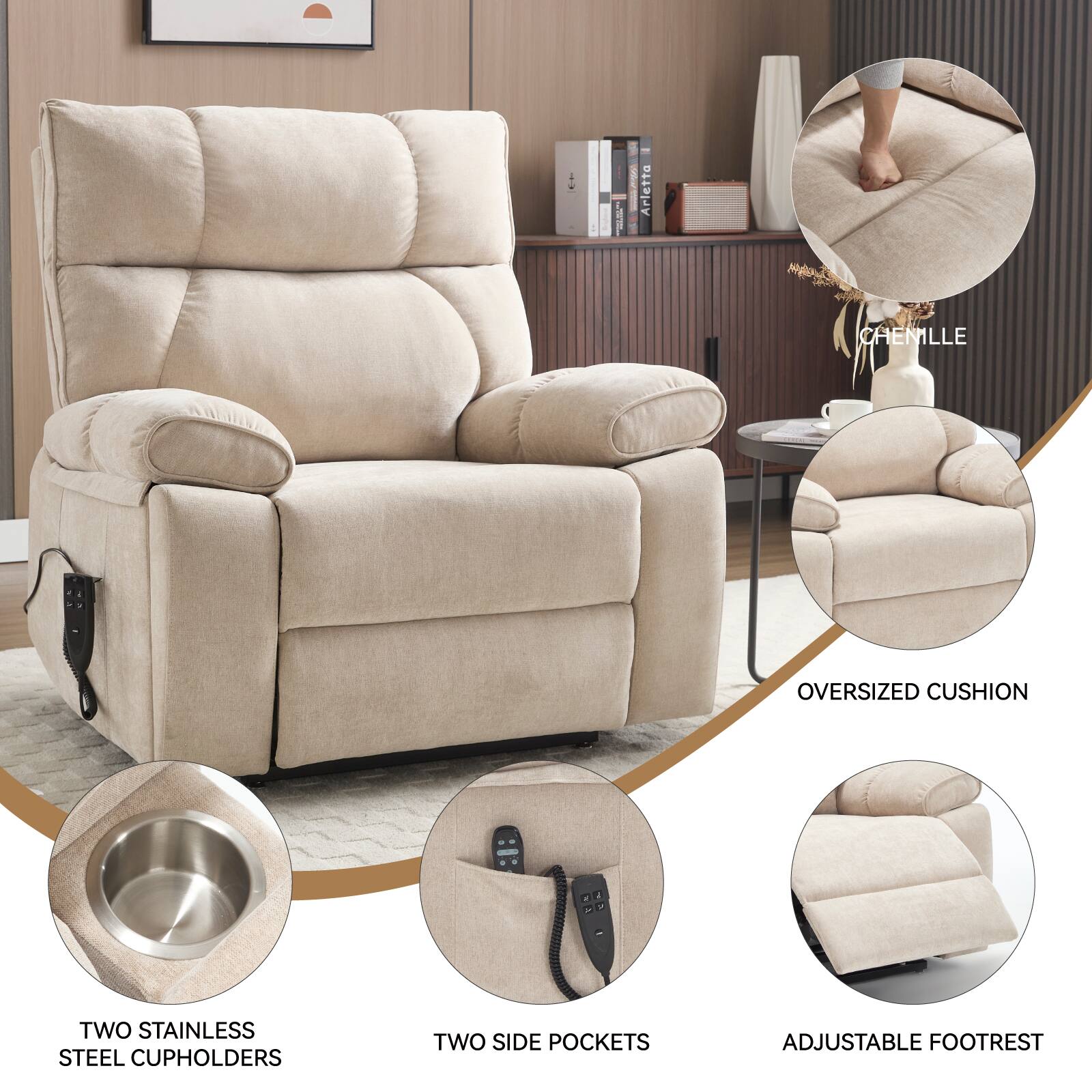 - Arletto CHENILLE OVERSIZED CUSHION
- TWO STAINLESS STEEL CUPHOLDERS
- TWO SIDE POCKETS
- ADJUSTABLE FOOTREST