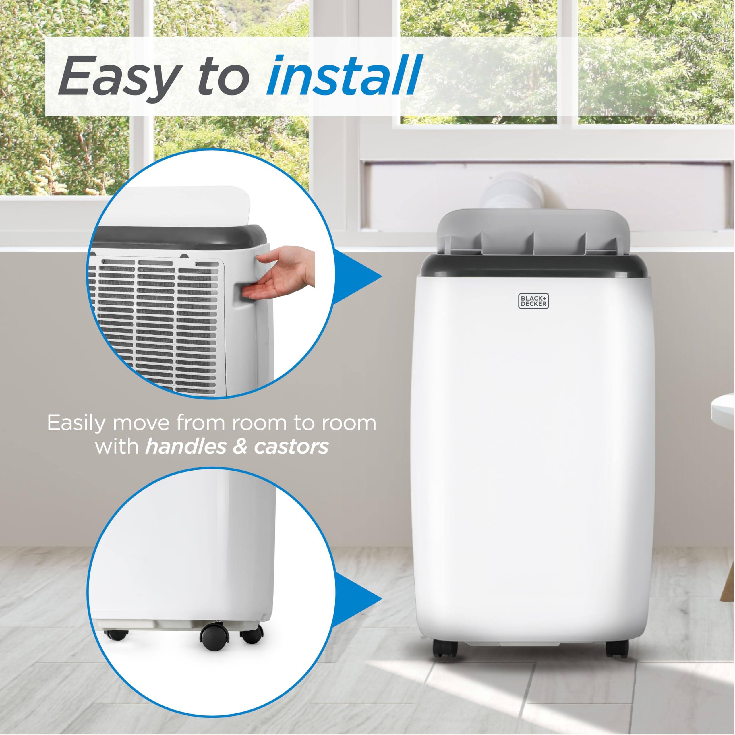 Easy to install. Easily move from room to room with handles & castors.