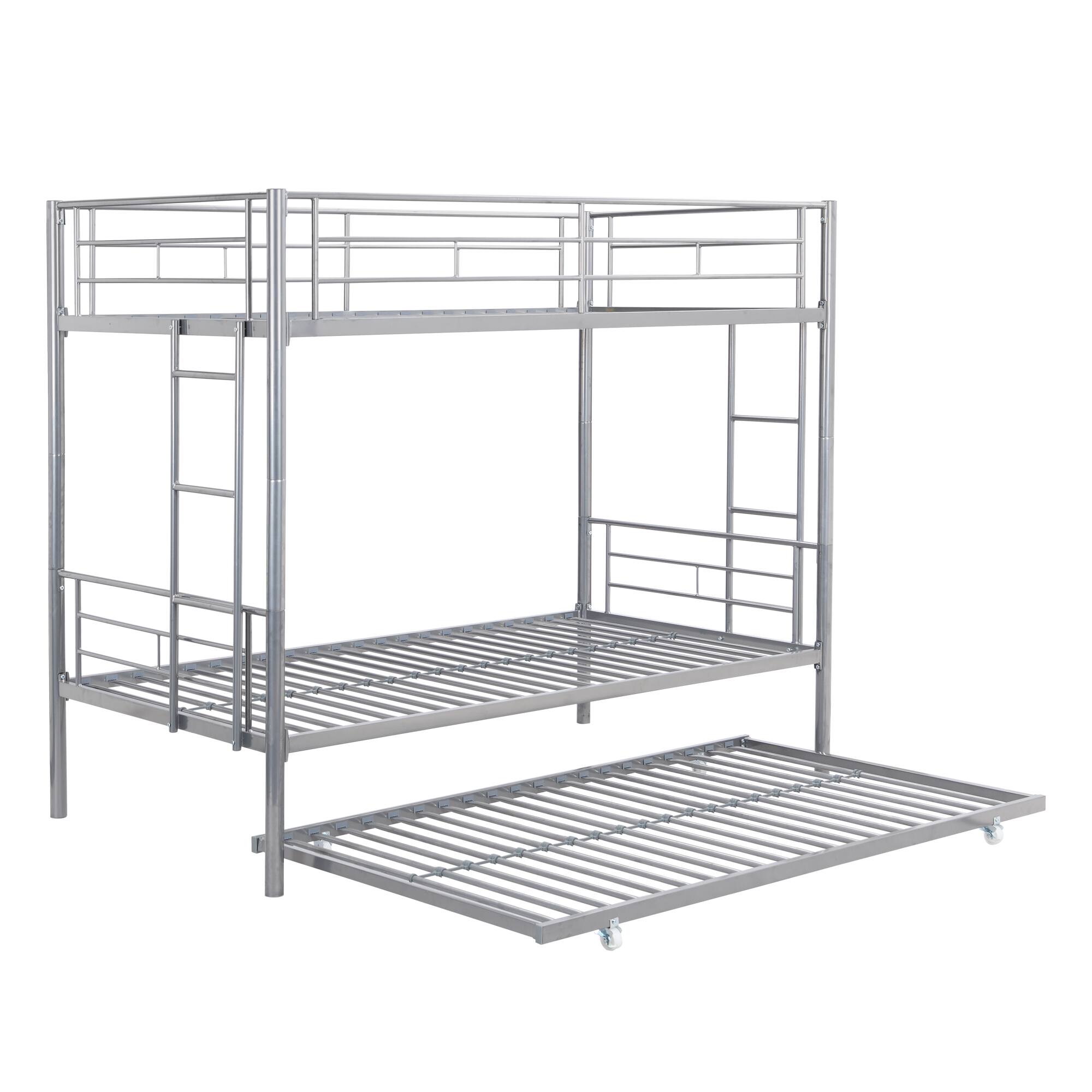 Back. GOODSILO - Space-Saving Twin Over Twin Metal Bunk Bed with Trundle for Kids and Teens Bedroom - Silver.