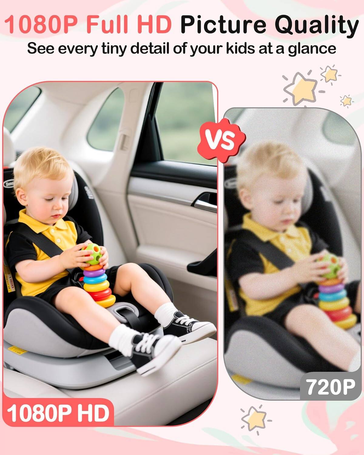 1080P Full HD Picture Quality  
See every tiny detail of your kids at a glance  

VS  

1080P HD  
720P