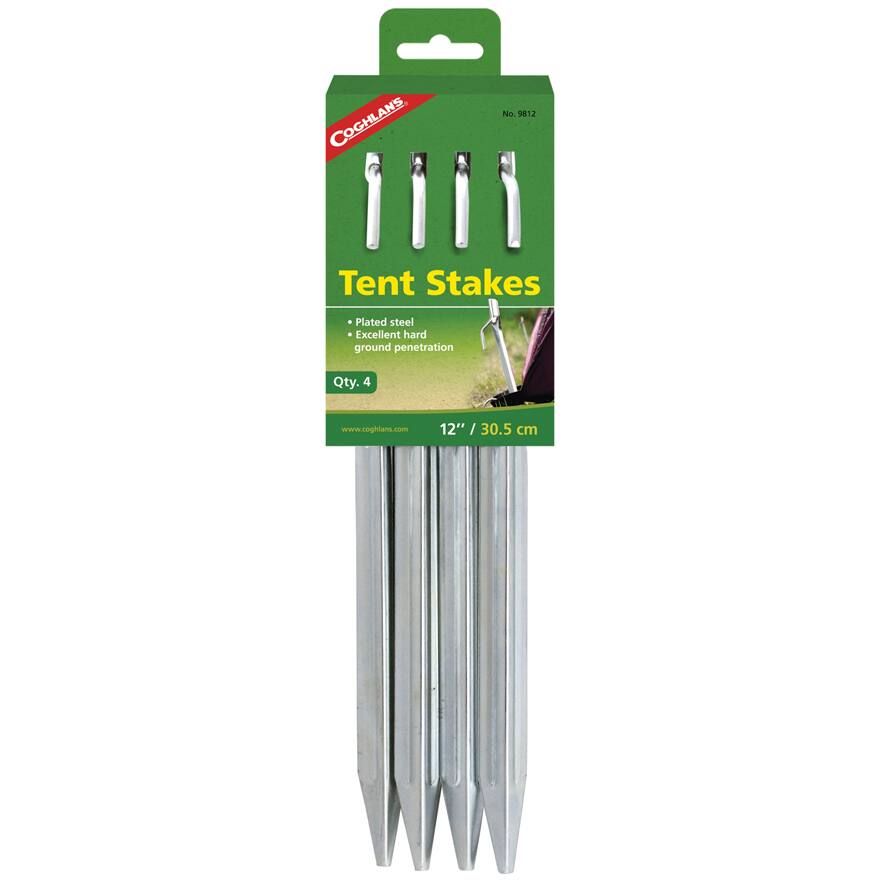COGHLAN'S No. 9012 Tent Stakes  
Plated steel  
Excellent hard ground penetration  
Qty. 4  
12" / 30.5 cm  
www.coghans.com
