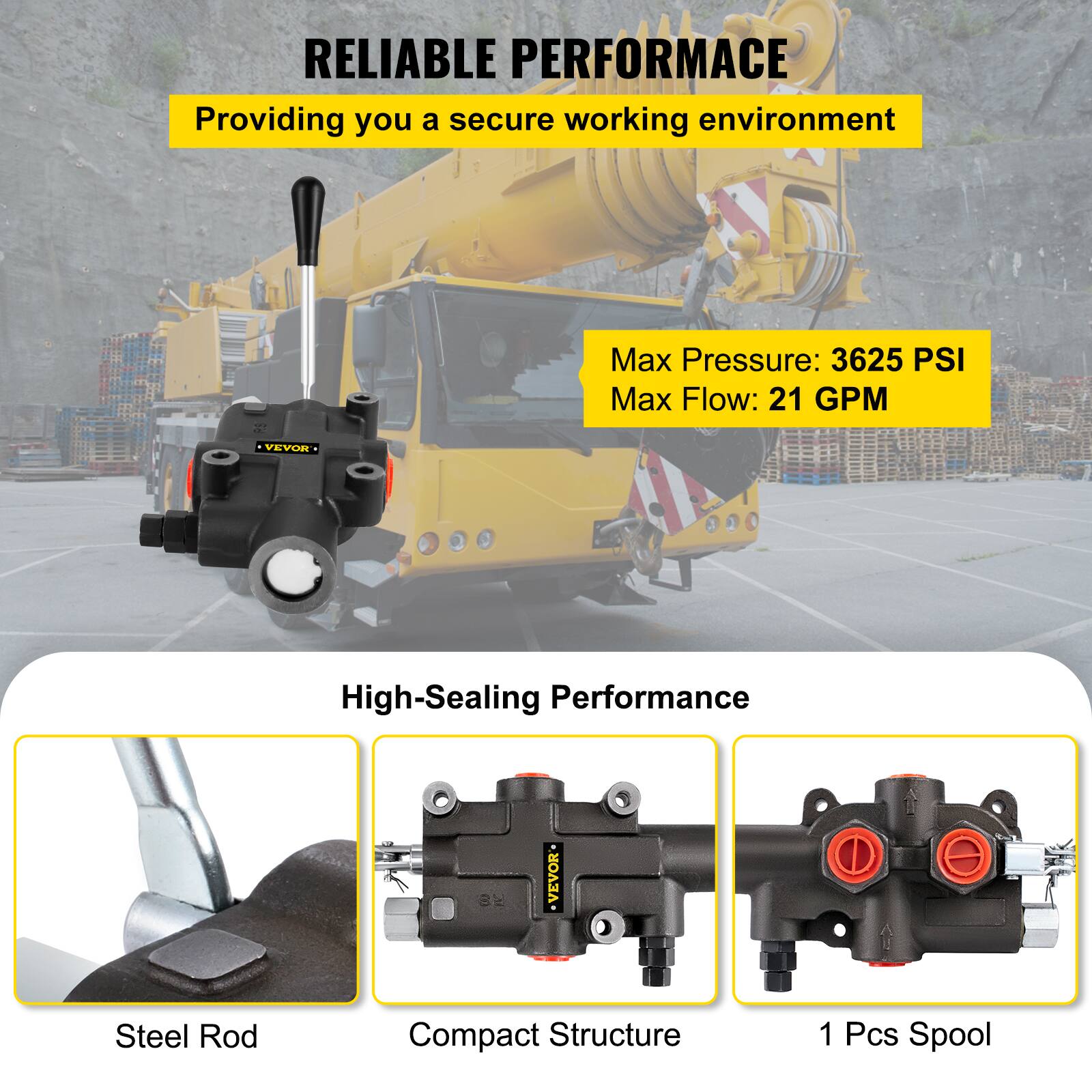 RELIABLE PERFORMANCE  
Providing you a secure working environment  

Max Pressure: 3625 PSI  
Max Flow: 21 GPM  

VEVOR High-Sealing Performance 3N  
VEVOR Steel Rod Compact Structure  
1 Pcs Spool