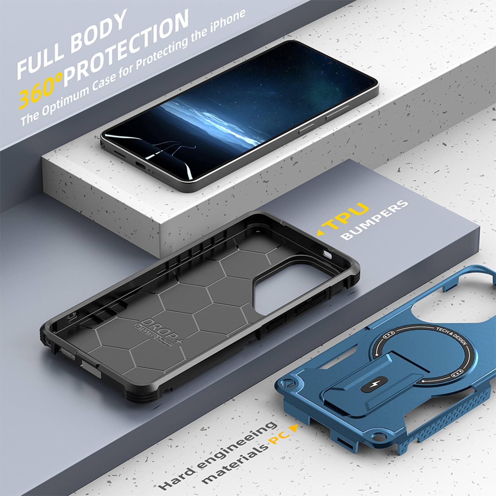 FULL BODY 360° PROTECTION  
The Optimum Case for Protecting the iPhone  

TPU BUMPERS  

Hard engineering materials PC  

DROP TESTED  

TECHNA PASS