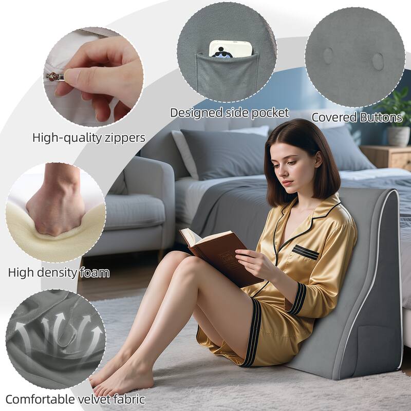 Designed side pocket, Covered buttons, High-quality zippers, High-density foam, Comfortable velvet fabric.