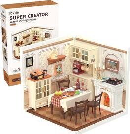 Robotime - Rolife Warm Dining Room Super Creator-DIY Plastic Miniature House for Adults, Mini Blocks Model Kit Building Set - Brown
