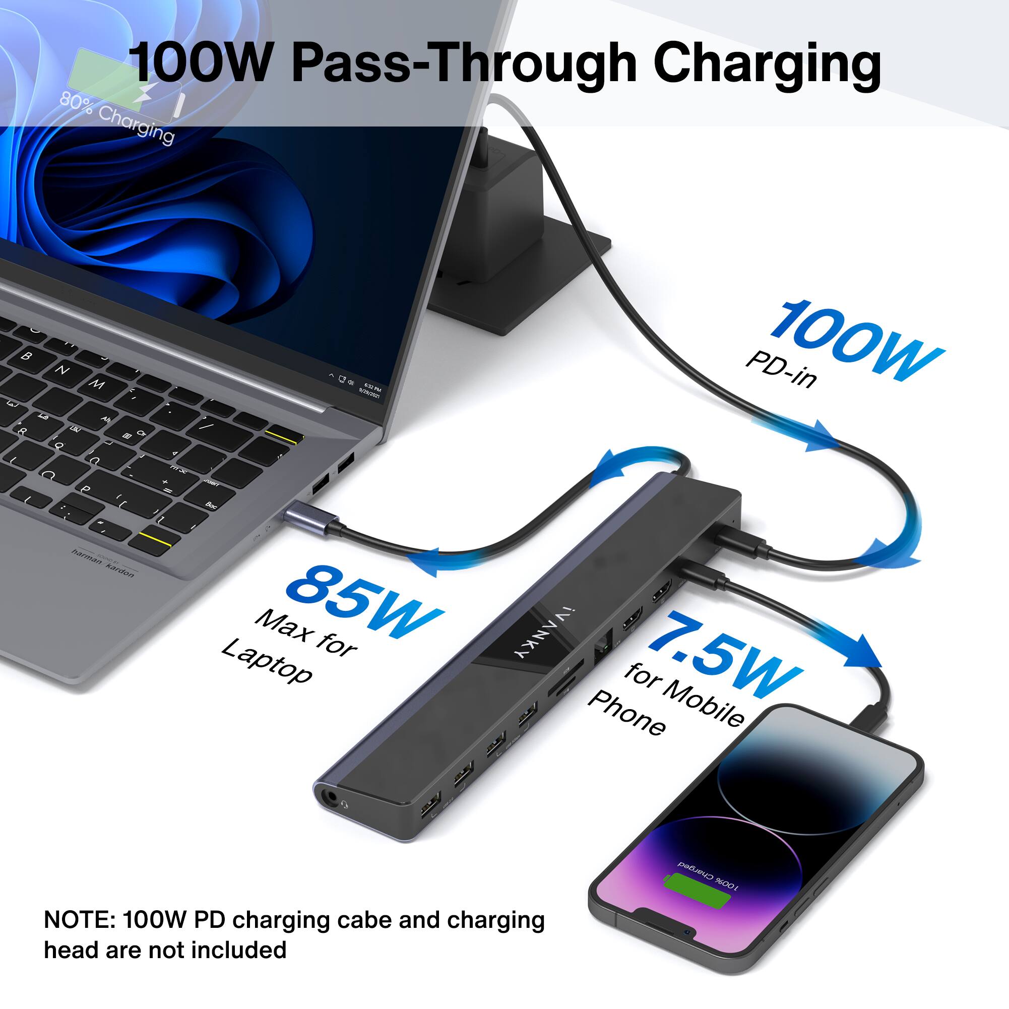 100W Pass-Through Charging

80% Charging

100W PD-in

85W Max for Laptop

7.5W for Mobile Phone

NOTE: 100W PD charging cable and charging head are not included
