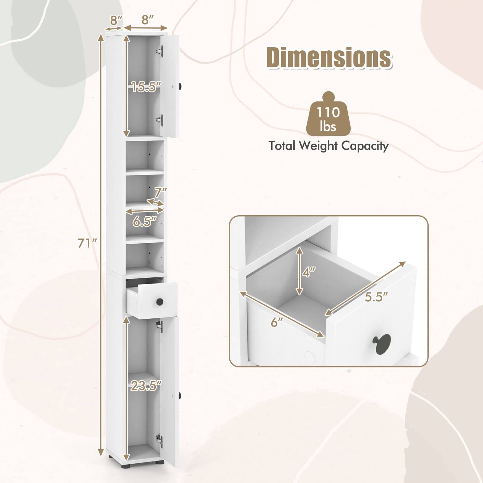 8" x 8" x 15.5"  
Dimensions: 71" x 23.5"  
Total Weight Capacity: 110 lbs  
7" x 6.5"  
4" x 5.5" x 6"