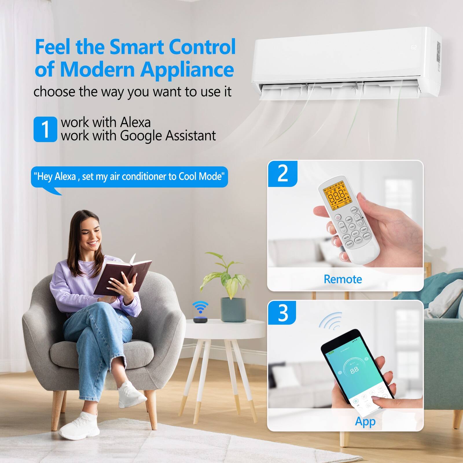 Feel the Smart Control of Modern Appliance  
choose the way you want to use it

1. work with Alexa  
   work with Google Assistant  
   "Hey Alexa, set my air conditioner to Cool Mode"

2. Remote

3. App