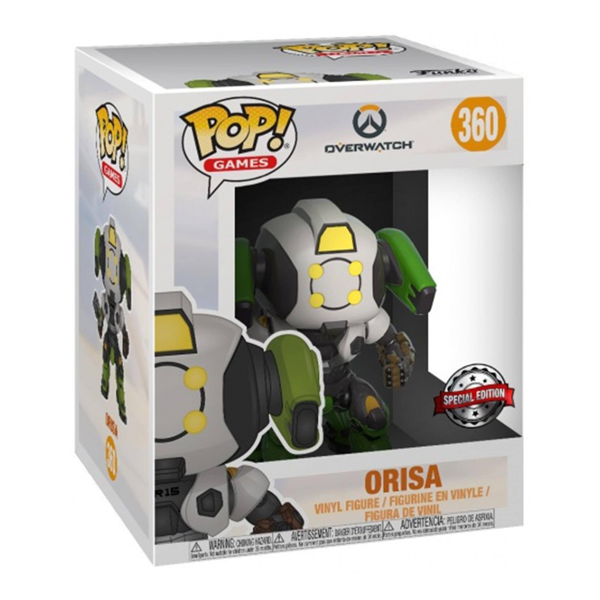 Sure, here is the corrected and grouped text from the image:

---

**Top Left:**
- POP! GAMES

**Top Center:**
- 360
- OVERWATCH

**Top Right:**
- SPECIAL EDITION

**Center:**
- ORISA

**Bottom:**
- VINYL FIGURE / FIGURINE EN VINYLE / FIGURA DE VINIL / FIGURA DE VINIL

**Bottom Left:**
- WARNING: CHOKING HAZARD - Small parts. Not for children under 3 years.

**Bottom Right:**
- ADVERTENCIA: PEQUEÑOS PIEZAS. NO ES APTO PARA MENORES DE 3 AÑOS.

**Bottom Center:**
- R15

**Bottom Left Corner:**
- POP! GAMES

**Bottom Right Corner:**
- POP! GAMES

---
