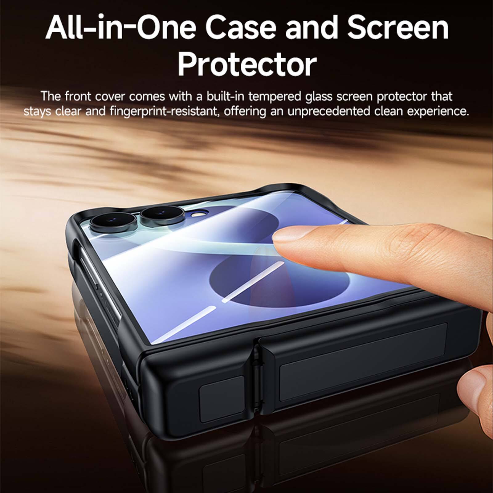All-in-One Case and Screen Protector

The front cover comes with a built-in tempered glass screen protector that stays clear and fingerprint-resistant, offering an unprecedented clean experience.
