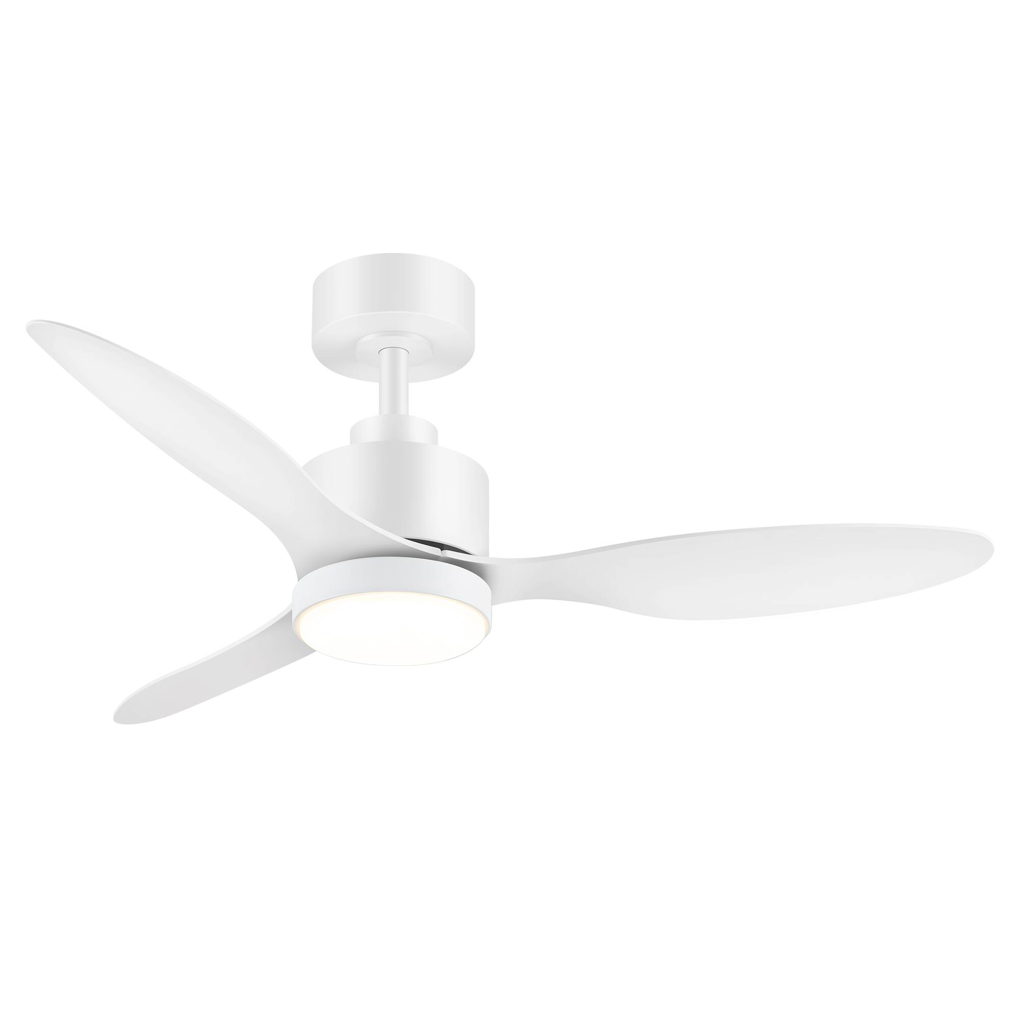 Angle. Breezary - 42" Modern Indoor Ceiling Fan, 3 ABS Blades, 6-Speed DC Motor, Remote Control, Timer, 5'' Downrod, Light/No Light Option - Matte White (With Light).