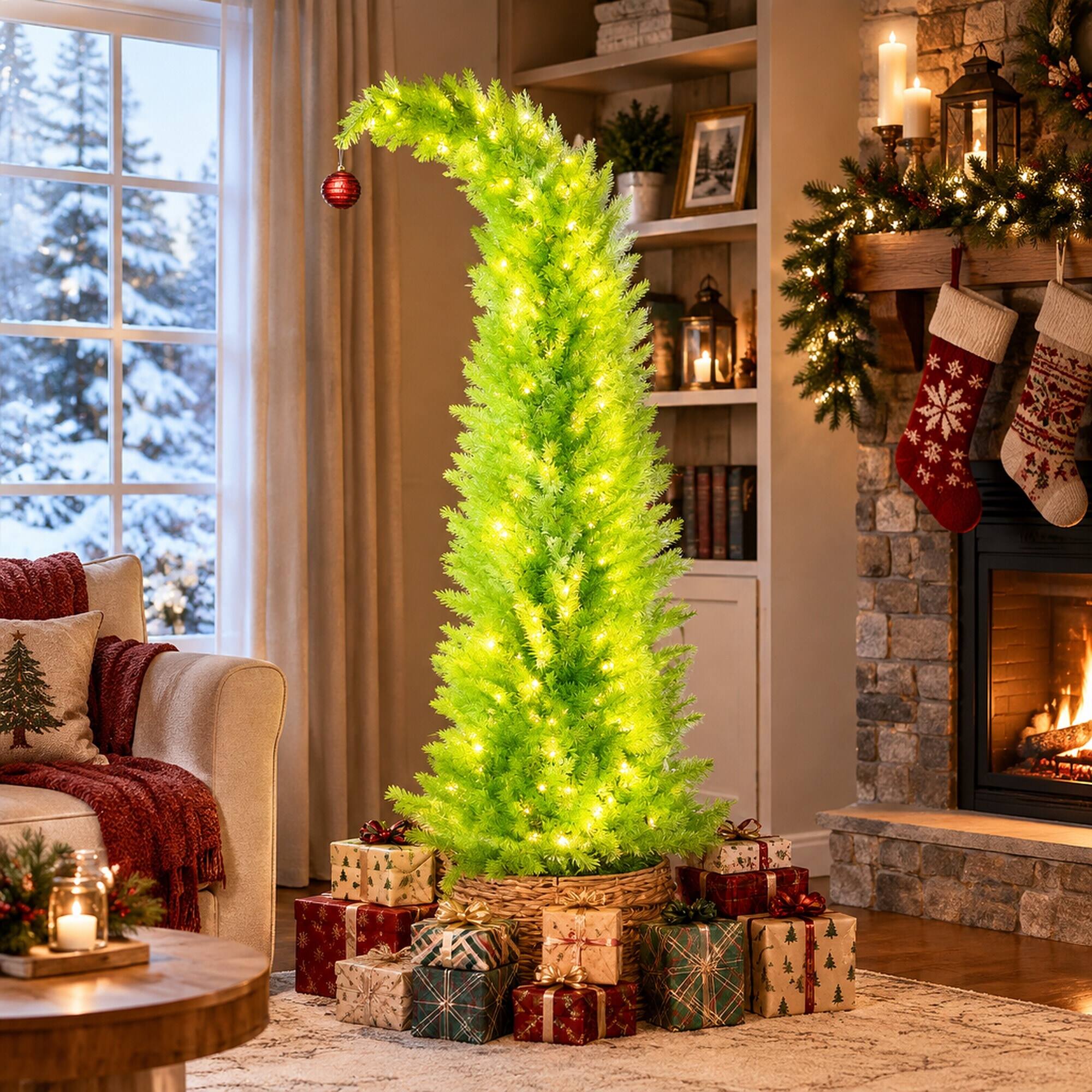 Left. RYHNUYNE - 6FT Pre-Lit Whimsical Pencil Christmas Tree With 230 LED Lights and Red Balls, Metal Base - Green.