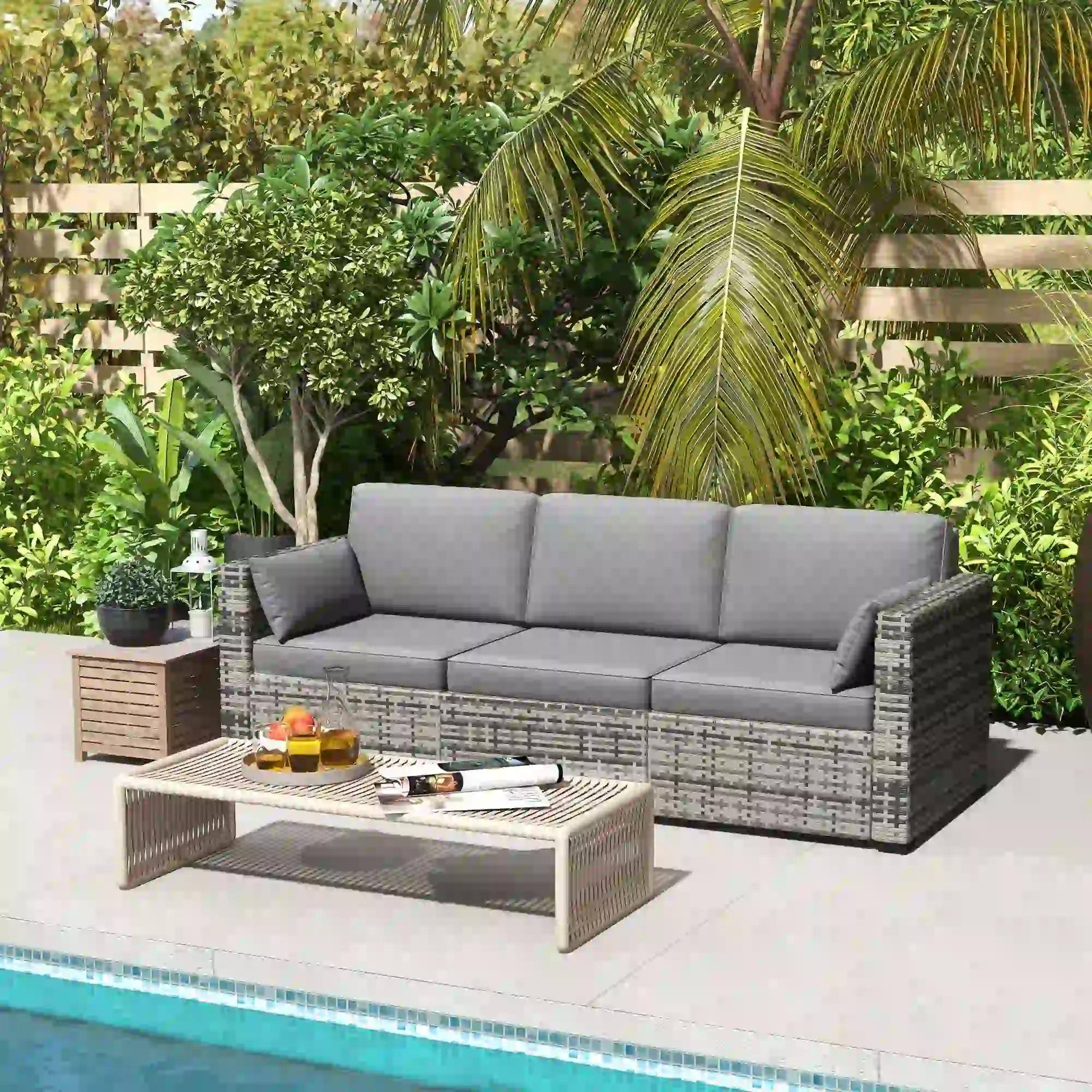 Alt View 6. Spaco - Spaco 3 Seater Patio Sofa, Deep Seating PE Rattan, All Weather Cushions - Grey.