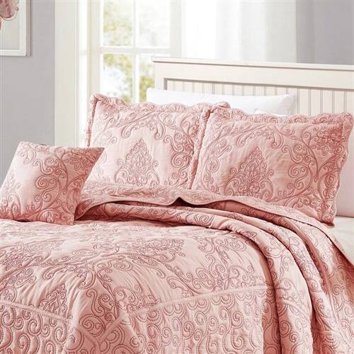Angle. Hivvago - Queen size Dusty Pink Damask Embroidered 4 Piece Oversized Bedspread Set - Dusty Pink.