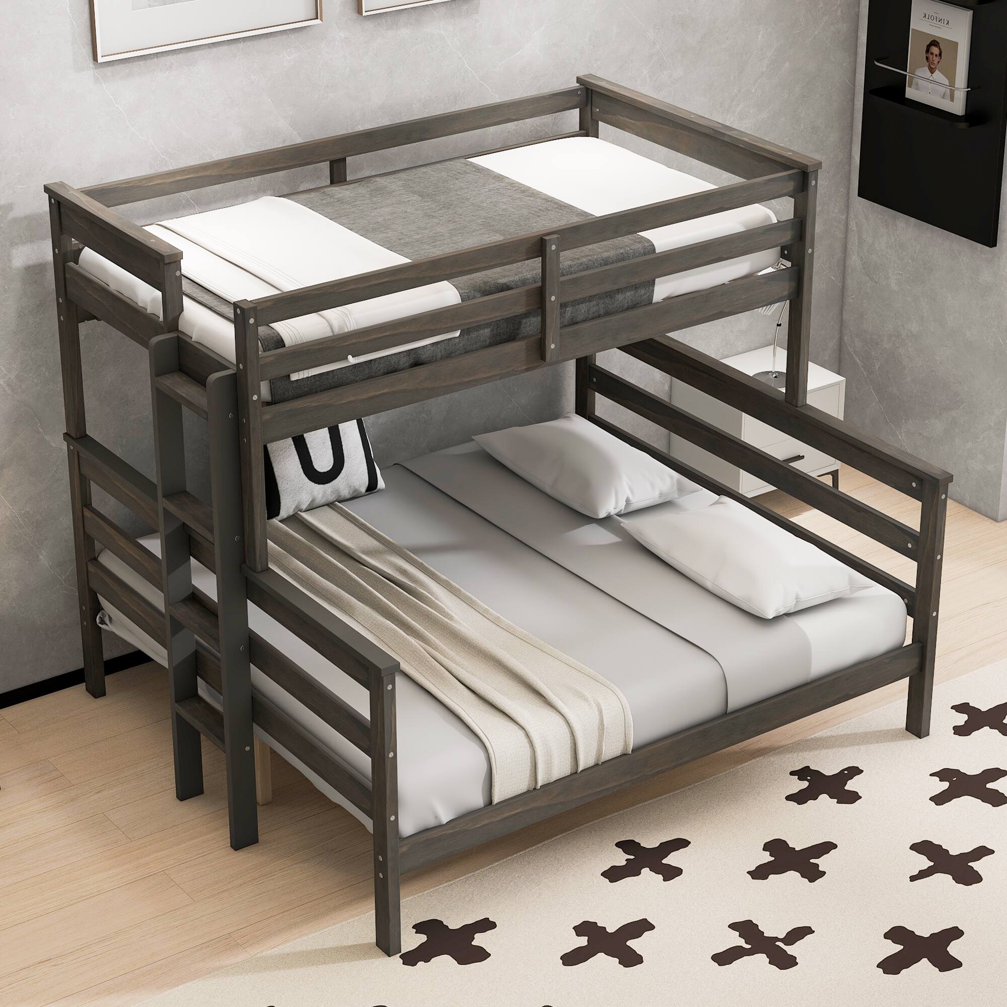 Front. Whisen - Twin XL Over Queen Wood Bunk Bed with Ladder,Pine & MDF Platform Bed Frame for Bedroom, Space-Saving - Gray.