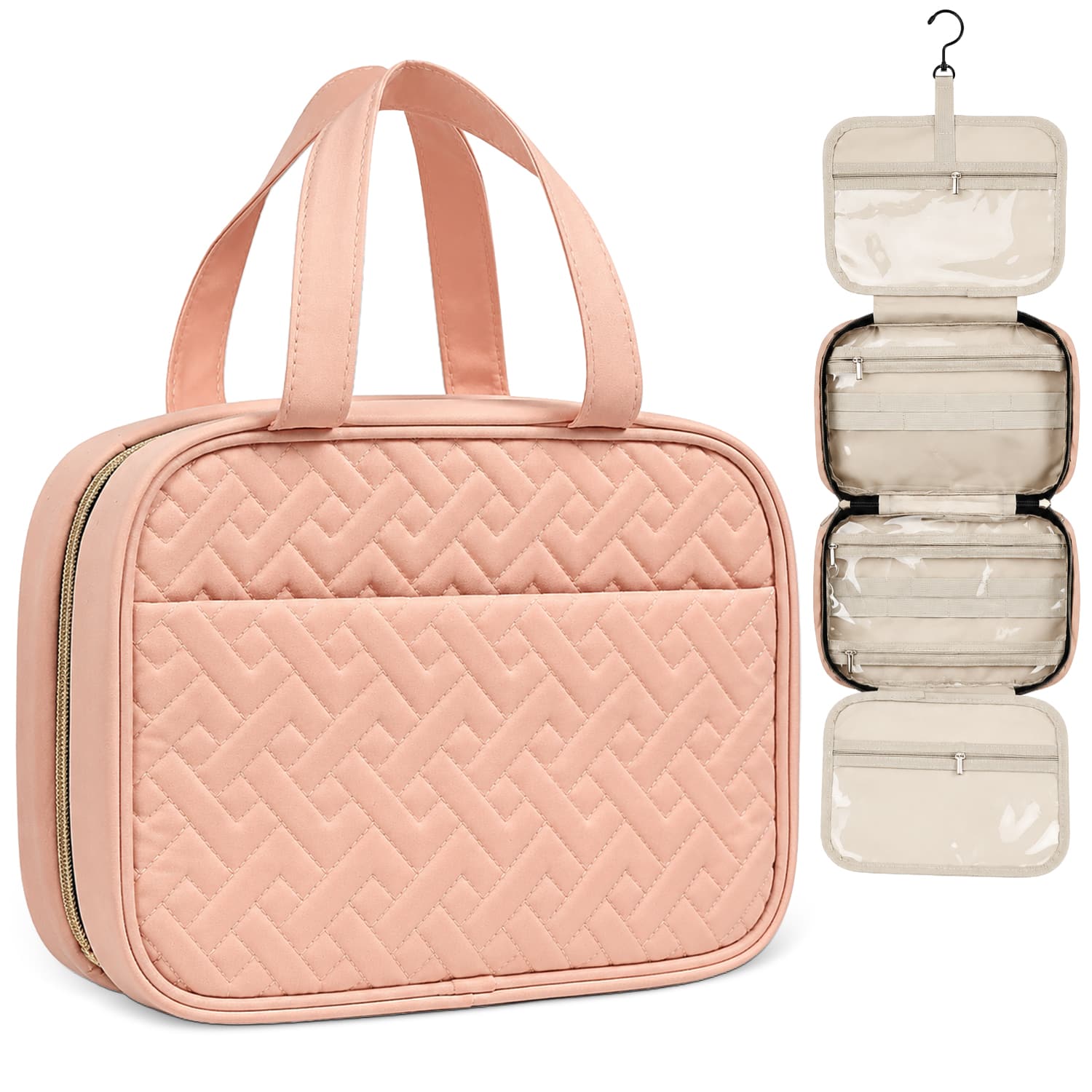 Mber - Travel Toiletry Bag Hanging Organizer, Large Travel Cosmetic Makeup Bag with Clear Compartments for Men and Women - Pink