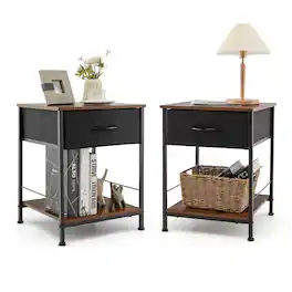 Costway - 2 PCS 2-tier Nightstand Bedside End Sofa Table with Drawer for Living Room - Industrial Brown
