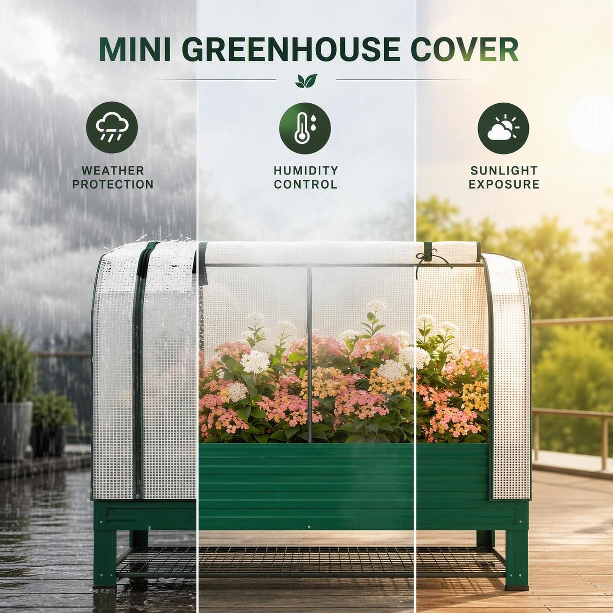 MINI GREENHOUSE COVER

WEATHER PROTECTION
HUMIDITY CONTROL
SUNLIGHT EXPOSURE