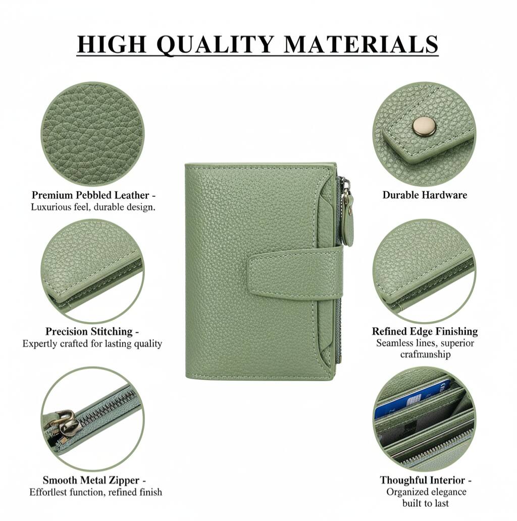 HIGH QUALITY MATERIALS

Premium Pebbled Leather - Luxurious feel, durable design.

Precision Stitching - Expertly crafted for lasting quality.

Smooth Metal Zipper - Effortless function, refined finish.

Durable Hardware

Refined Edge Finishing - Seamless lines, superior craftsmanship.

Thoughtful Interior - Organized elegance built to last.