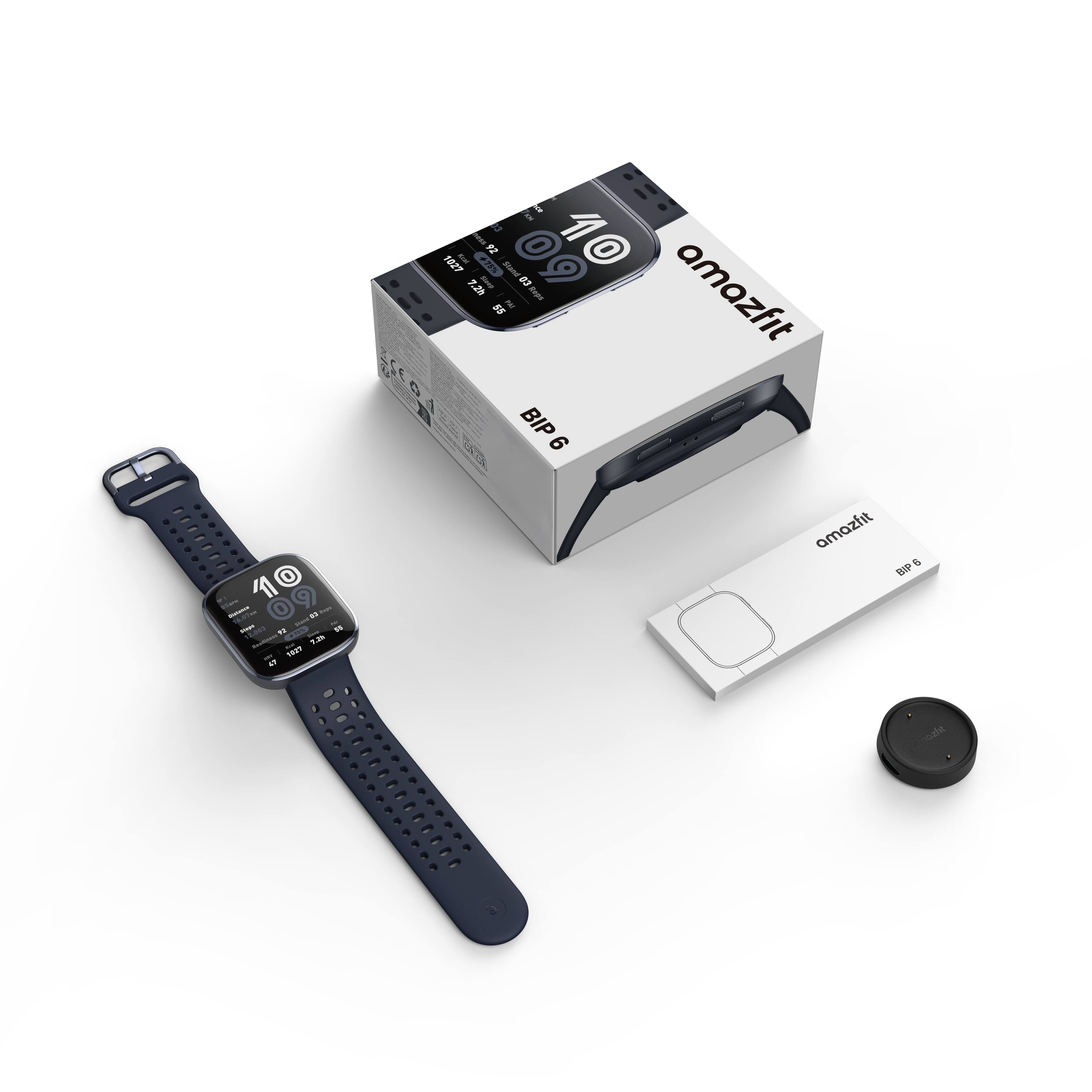 The image features a watch and a box of an Amazfit BIP smartwatch. The watch is placed on a white background, and the box is positioned next to it. The watch has a blue band and is likely a fitness watch, as it is designed to track various health and fitness metrics. The box contains the watch and its accompanying accessories, such as a charging cable and a user manual. The watch is compatible with both Android and iOS devices, and it offers features like heart rate monitoring, sleep tracking, and GPS tracking.