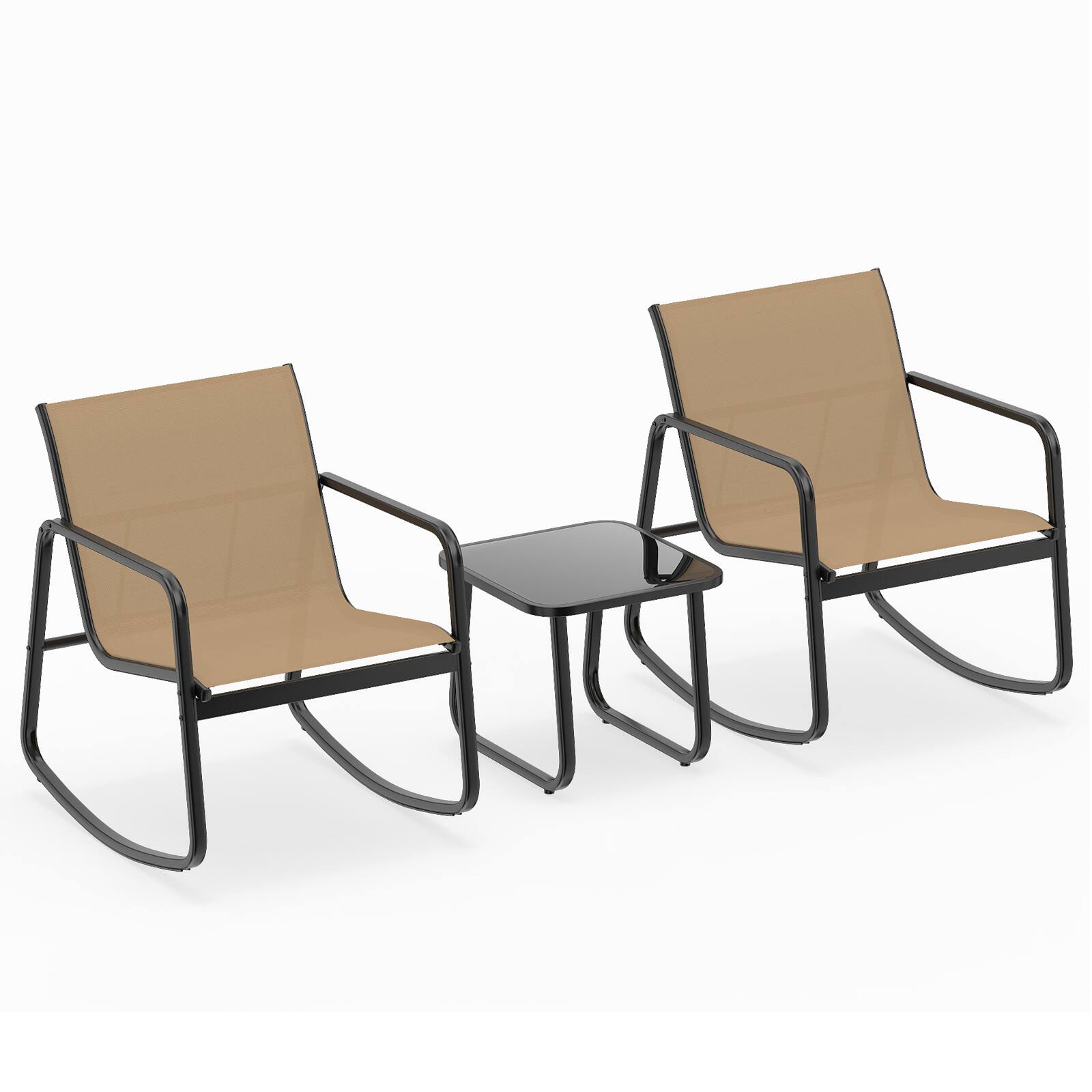 Alt View 9. Gymax - Gymax Set of 3 Patio Rocking Set 2 Rocking Bistro Chairs & Glass-Top Table for Porch - Brown.
