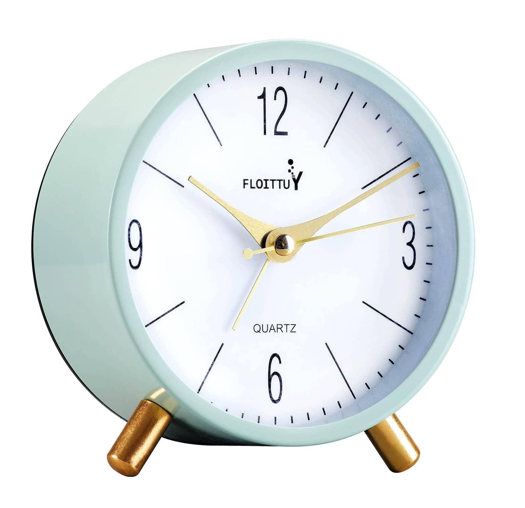 FINEAK - 4" Silent Cream Round Alarm Clock with Night Light, Battery Operated Easy Set Clock - Green