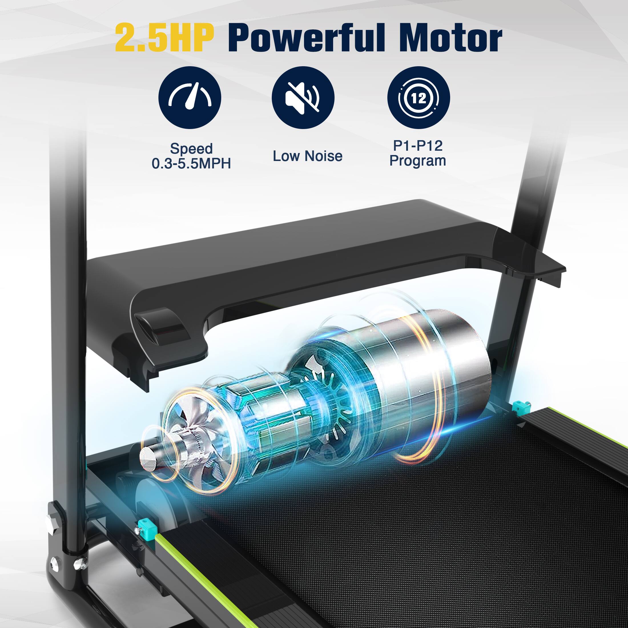 2.5HP Powerful Motor, 0.3-5.5MPH, Low Noise, P1-P12 Program