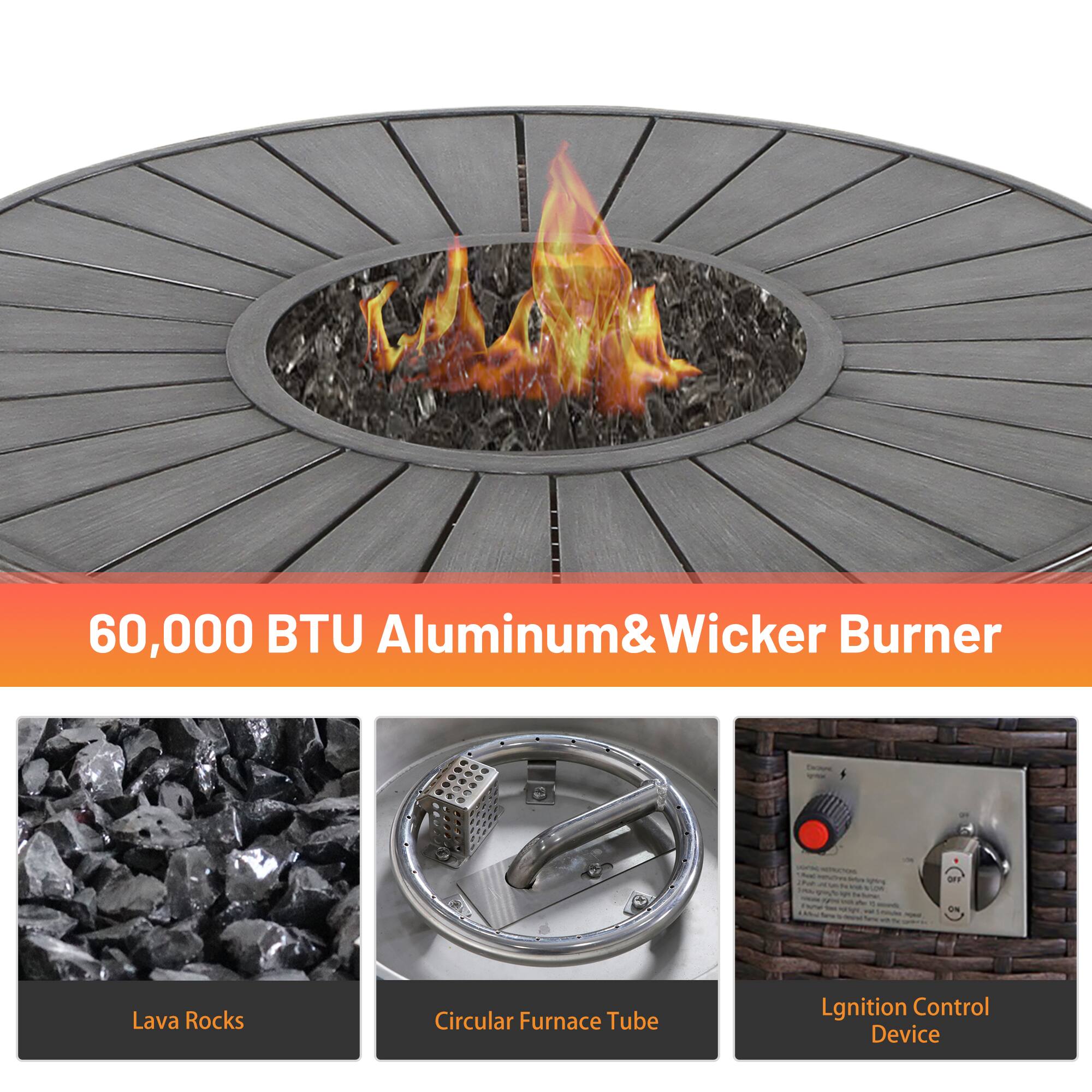 60,000 BTU Aluminum & Wicker Burner

- Lava Rocks
- Circular Furnace Tube
- Ignition Control Device