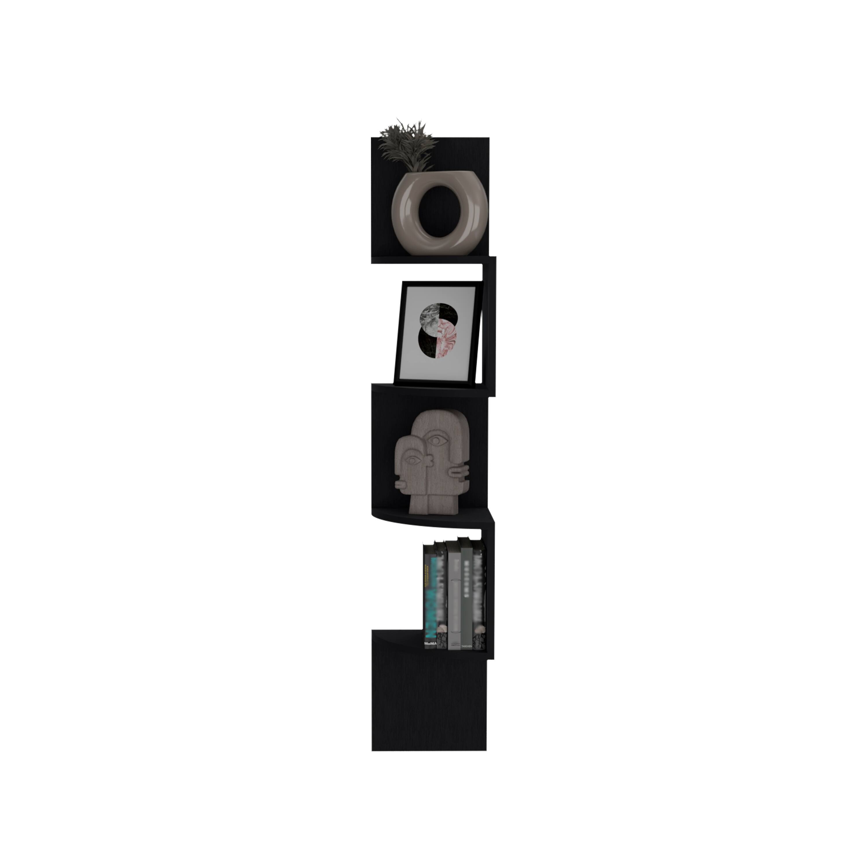 Front. TuHome - Rosset Corner Shelf, Modern Full-Wall Design With Multiple Shelving - Black.
