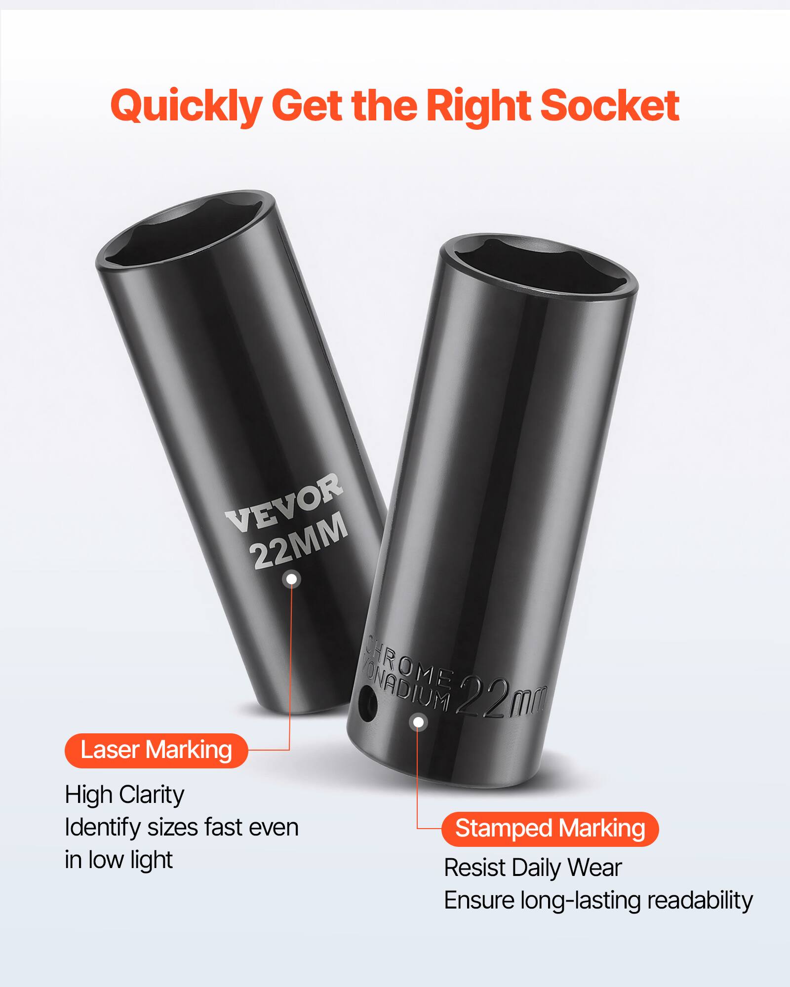 Quickly Get the Right Socket

VEVOR 22MM

Laser Marking
- High Clarity
- Identify sizes fast even in low light

ONADIUM 22mm

Stamped Marking
- Resist Daily Wear
- Ensure long-lasting readability