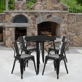 Emma + Oliver - Commercial Grade 30" Round Metal Indoor-Outdoor Table Set with 4 Arm Chairs - Black