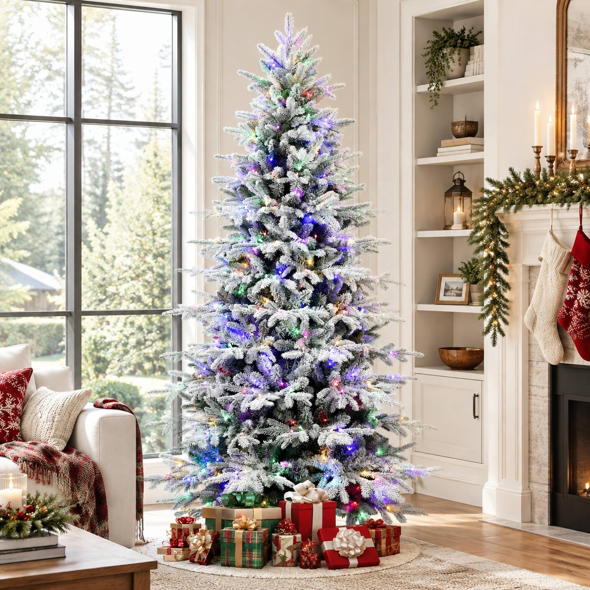 Back. RYHNUYNE - 6FT Pre-Lit Flocked Christmas Tree With 300 Two-Color LED Lights and 1582 Tips, 9 Modes and Metal Stand - Green,White.