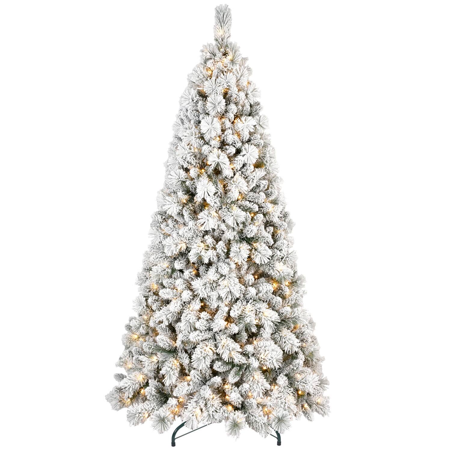 Left. Lirago - 7.5FT Pre Lit Artificial Christmas Tree with 500 Warm White LEDs Snow Flocked PVC Branches Metal Stand for Holiday Decor - Green.