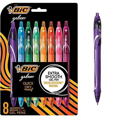 BIC gelocity
EXTRA SMOOTH GEL PEN
QUICK DRY
SMEAR RESISTANT WRITING
8 ASSORTED INK GEL PENS 0.7 mm