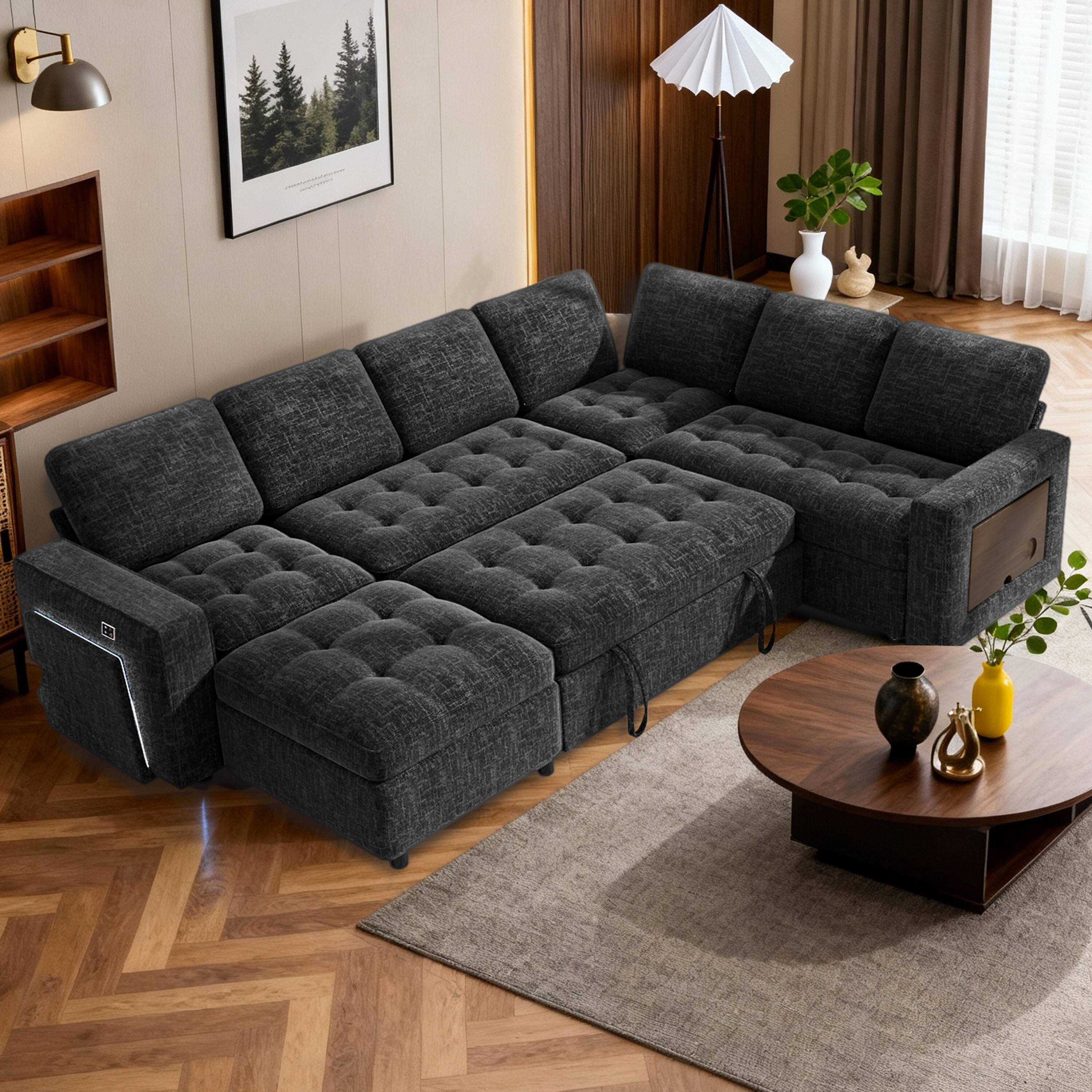 Angle. Dyonery - Dyonery 7-Seat Modular Sectional Sleeper Sofa with Pull-Out Bed, Reclining Backrest, USB Ports, Table, LED Lights,Black - Black.