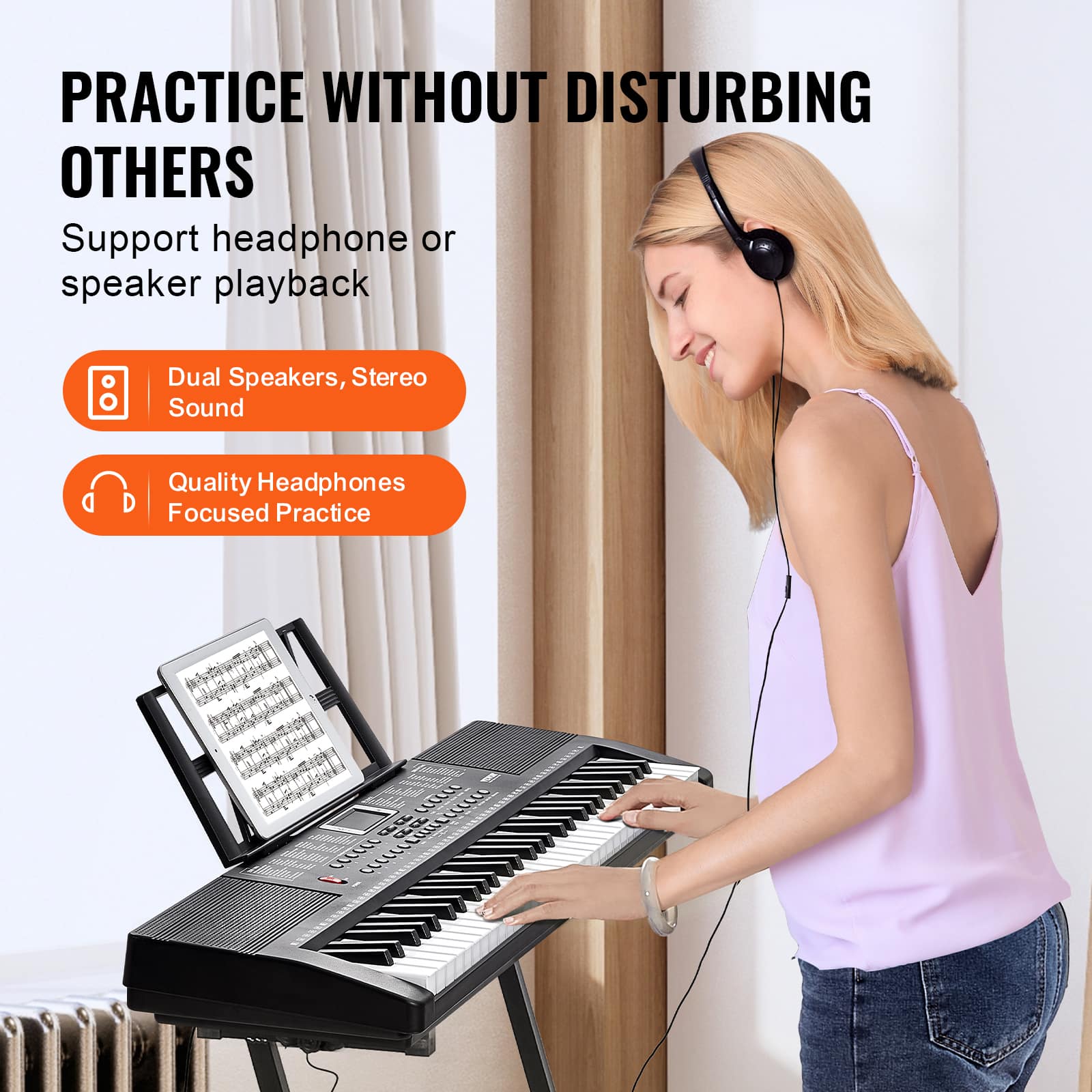 PRACTICE WITHOUT DISTURBING OTHERS
Support headphone or speaker playback
- Dual Speakers, Stereo Sound
- Quality Headphones Focused Practice