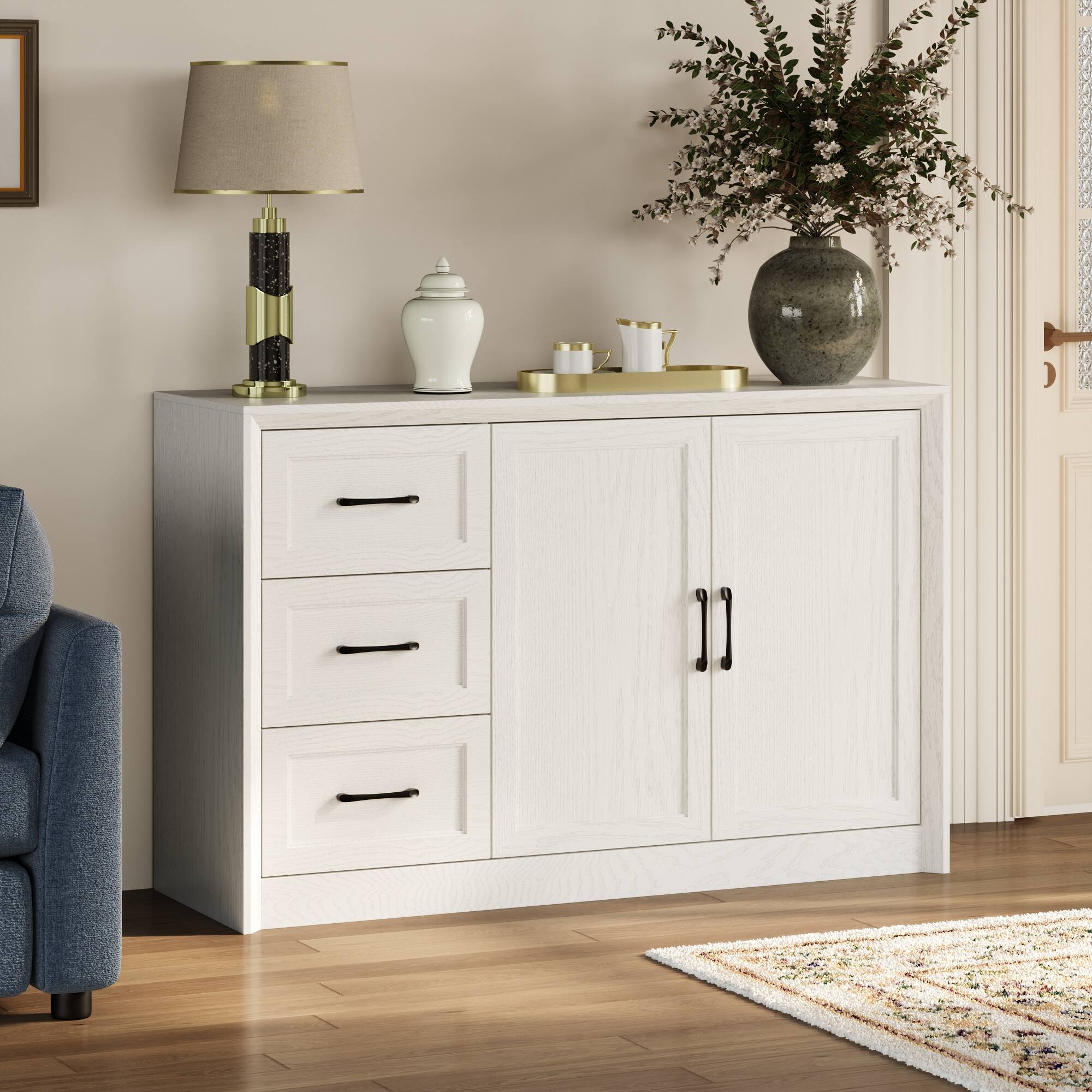 Angle. FUFU & GAGA - Multi-Purpose Storage Cabinet for Living Room with Drawers & Shelves, Modern Display and Organization Unit - White.