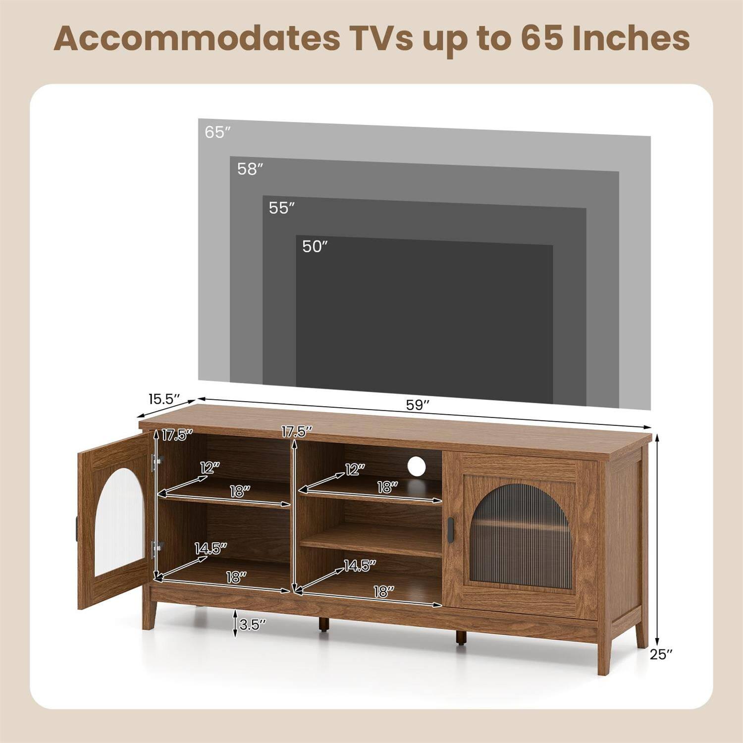 Accommodates TVs up to 65 Inches

65"  
58"  
55"  
50"  
59"  
15.5"  
17.5"  
12.0"  
18"  
14.5"  
3.5"  
25"