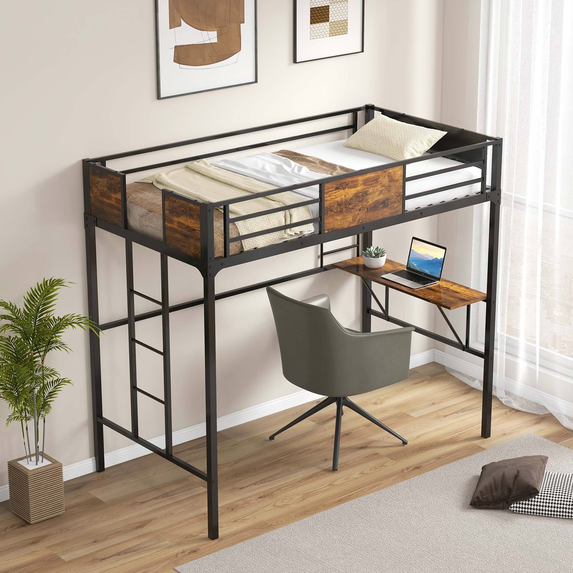 Alt View 1. Costway - Costway Twin Size Loft Bed with Desk & Shelf Safety Guardrail & Ladder Space-Saving - Rustic Brown,Black.