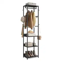 Songmics Home - Freestanding Portable Closet, Clothes Rack with Shelves, Hanging Rail, and Hooks, Space-Saving Coat Stand, Steel Frame - Ink Black and Charcoal Gray
