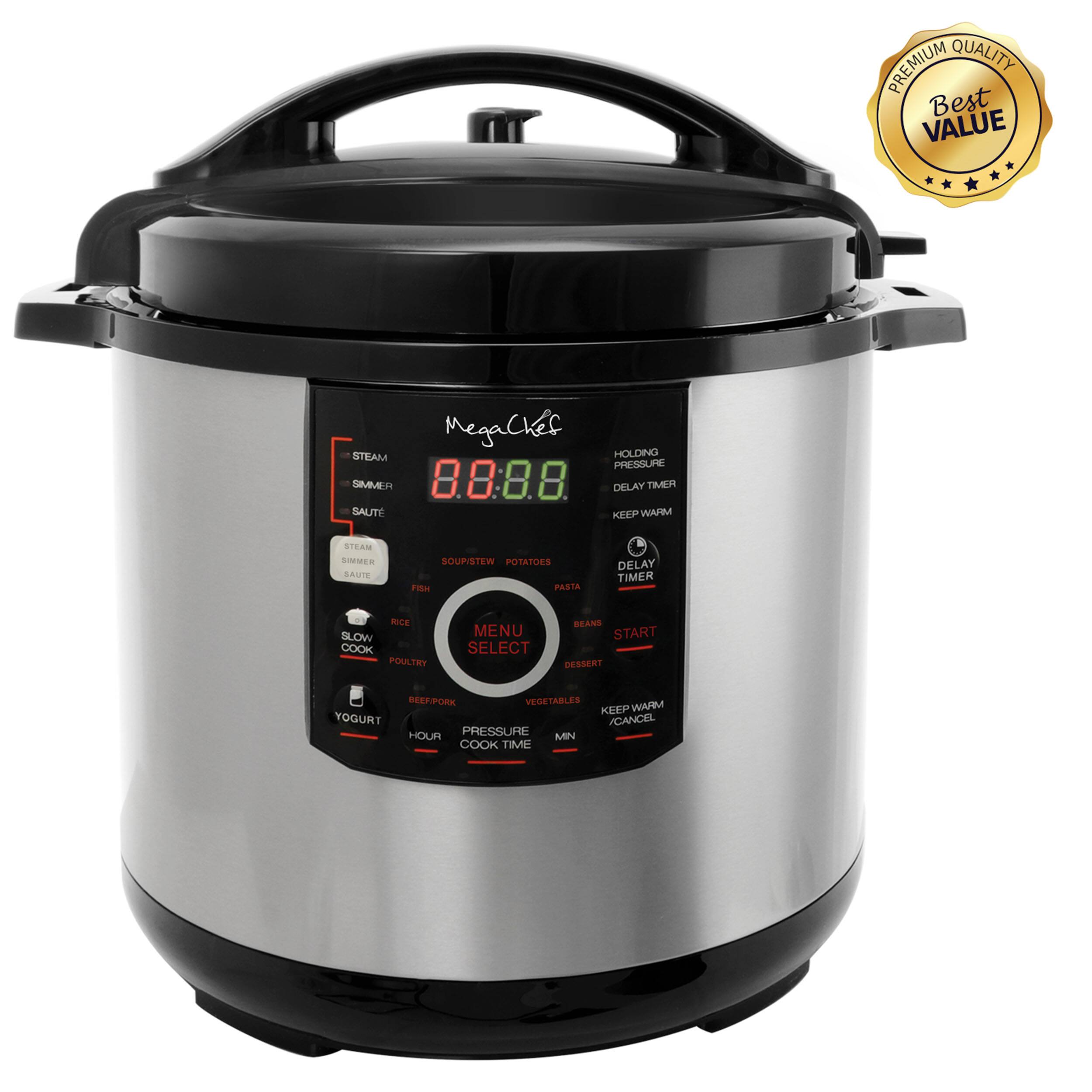 PREMIUM QUALITY Best VALUE MegaChef STEAM HOLDING PRESSURE DELAY TIMER SAUTE KEEP WARM STEAM SAUTÉ SOUPS STEW POTATOES FISH PORK DELAY TIMER RICE SLOW COOK POULTRY MENU SELECT BEANS START DESSERT YOGURT VEGETABLES KEEP WARM CANCEL HOUR PRESSURE MIN COOK TIME