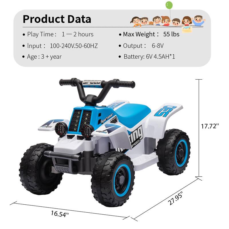 Product Data

- Play Time: 1 — 2 hours
- Input: 100-240V, 50-60HZ
- Age: 3 + year
- Max Weight: 55 lbs
- Output: 6-8V
- Battery: 6V 4.5AH*1

Dimensions:
- Length: 27.95"
- Width: 16.54"
- Height: 17.72"