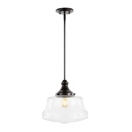 Front. Jonathan Y - Schoolhouse 14" 1-Light Bohemian Farmhouse Iron/Glass LED Pendant, Oil Rubbed Bronze/Clear - Oil Rubbed Bronze.