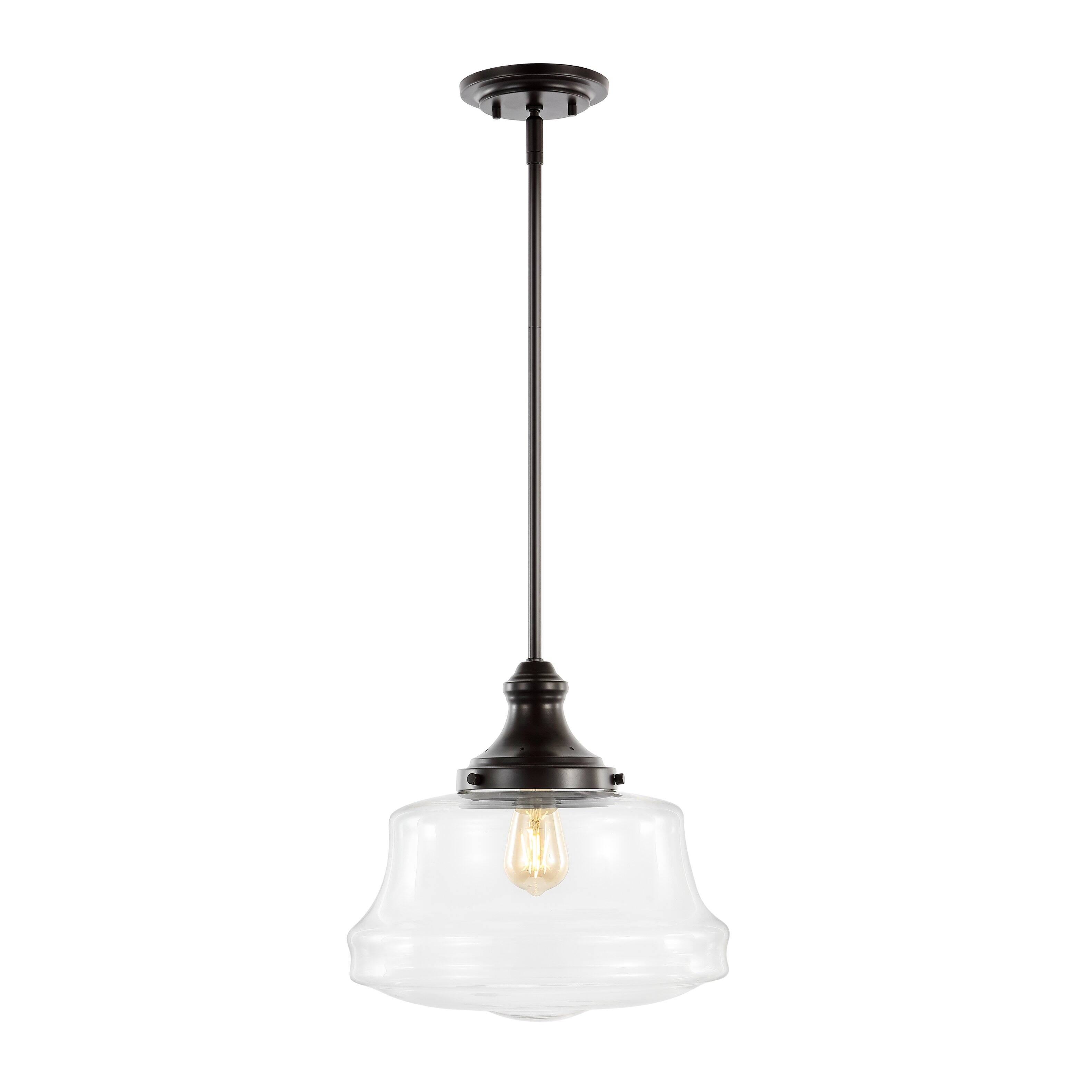 Front. Jonathan Y - Schoolhouse 14" 1-Light Bohemian Farmhouse Iron/Glass LED Pendant, Oil Rubbed Bronze/Clear - Oil Rubbed Bronze.